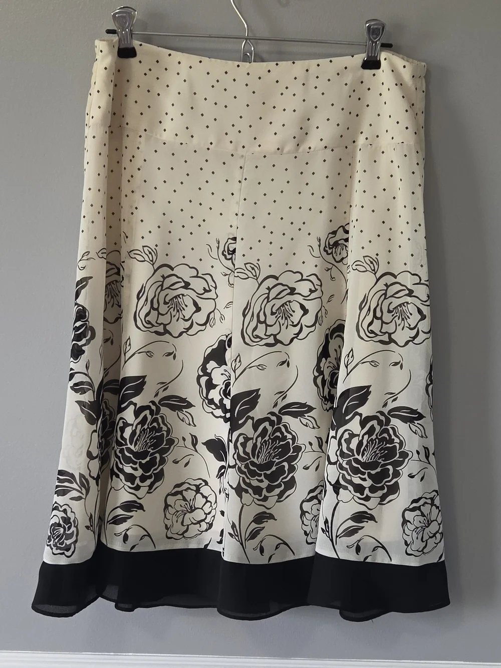 dressbarn Cream Ivory and Black Floral A-Line Lined Midi Skirt Vintage Zip-up 10